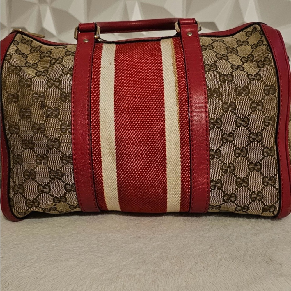 Gucci Red and Cream Travel Bag with Monogram Pattern and Leather Trim